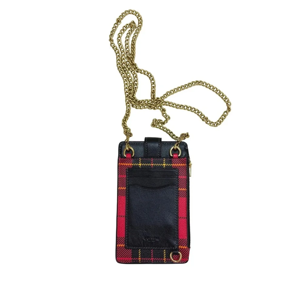 Coach Phone Crossbody OS Red Plaid Leather Gold Chain Strap Wallet Bag